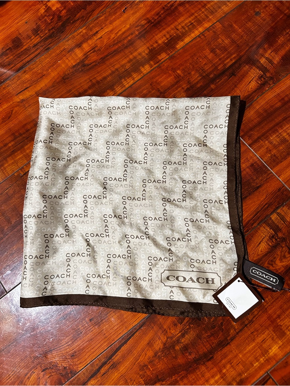 NWT Coach Cream and Brown Logo Herringbone 100% Silk Scarf Handkerchief Bag